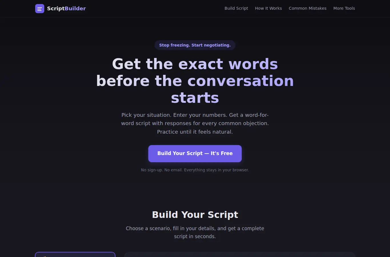 Screenshot of Negotiation Script Builder interface showing the project page in use